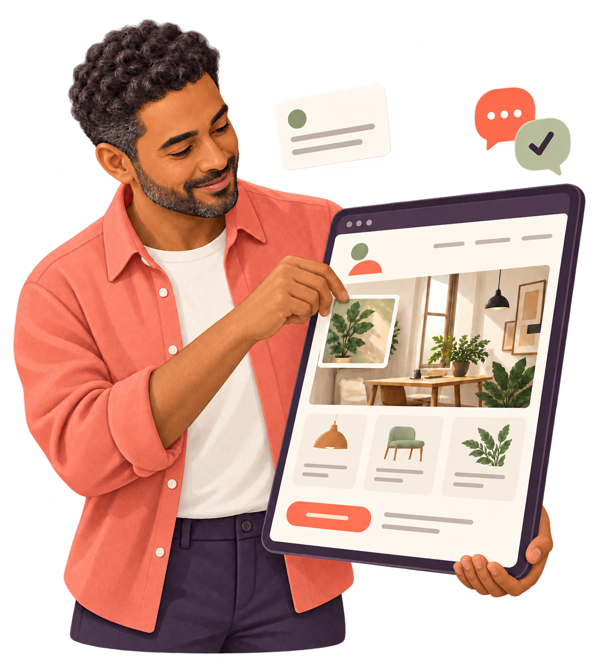 Illustration of an adult arranging pictures and words on a large website screen